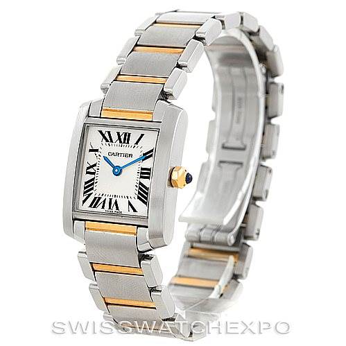 The image shows a Cartier Tank Francaise W51007Q4 Women's Steel and Gold (two tone) Silver Dial W51007Q4 Women's Steel and Gold (two tone) Silver Dial watch at a three-quarter angle, highlighting its face, bezel, and metal strap with gold accents.