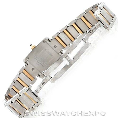 The image shows the back view of a Cartier Tank Francaise W51007Q4 Women's Steel and Gold (two tone) Silver Dial W51007Q4 Women's Steel and Gold (two tone) Silver Dial watch, highlighting its metal bracelet and clasp.