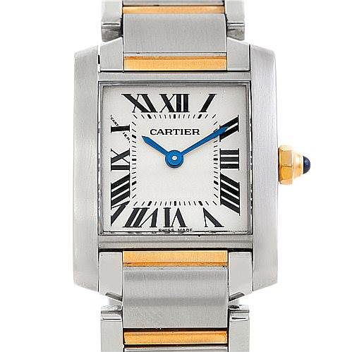 This image showcases the face and bracelet of a Cartier Tank Francaise W51007Q4 Women's Steel and Gold (two tone) Silver Dial W51007Q4 Women's Steel and Gold (two tone) Silver Dial model watch, featuring a silver and gold design with Roman numerals.