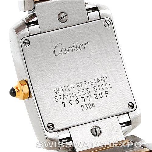 The image shows the back case of a Cartier Tank Francaise W51007Q4 Women's Steel and Gold (two tone) Silver Dial W51007Q4 Women's Steel and Gold (two tone) Silver Dial watch, highlighting the brand engraving and model details.