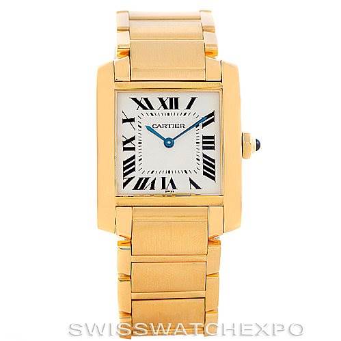 The image depicts a front view of a Cartier Tank Francaise W50003N2 Women's Yellow Gold Silver Dial W50003N2 Women's Yellow Gold Silver Dial watch, showing its rectangular face, roman numerals, and bracelet.