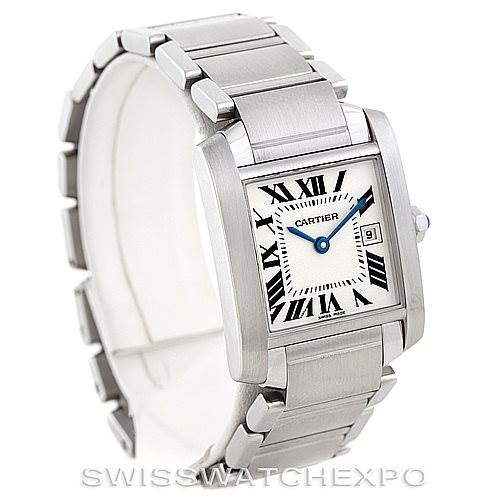This is a frontal view of the Cartier Tank Française watch, showing its face, bracelet, and Roman numeral markers.