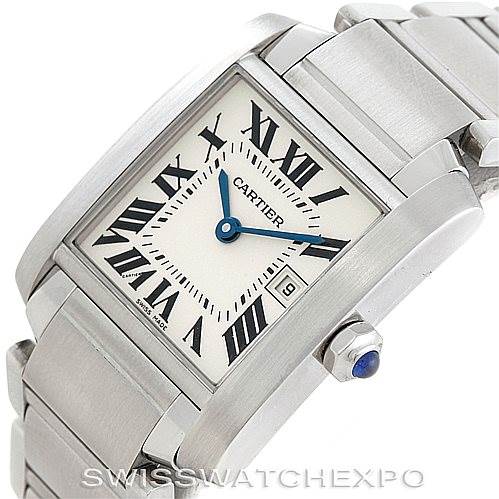 This image shows a Cartier Tank Francaise W51011Q3 Women's Stainless Steel Silver Dial W51011Q3 Women's Stainless Steel Silver Dial watch angled to display the face, crown, and part of the bracelet.