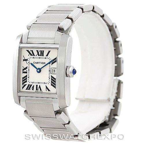The image shows a Cartier Tank Francaise W51011Q3 Women's Stainless Steel Silver Dial W51011Q3 Women's Stainless Steel Silver Dial watch from a front-left angle, highlighting the face, bracelet, and crown.
