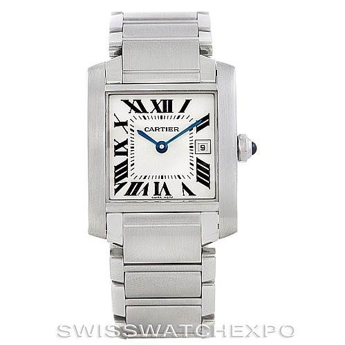 This image shows a front view of the Cartier Tank Francaise W51011Q3 Women's Stainless Steel Silver Dial W51011Q3 Women's Stainless Steel Silver Dial watch, highlighting its rectangular face, Roman numerals, and metal bracelet.