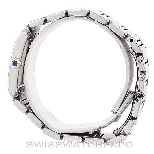 The image shows a side view of a Cartier Tank Française watch, focusing on the bracelet and case profile.