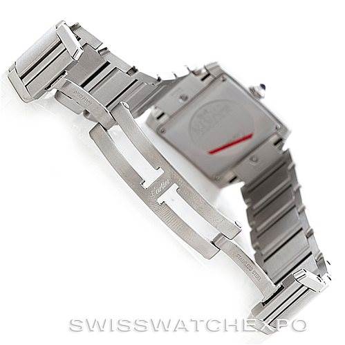 The image shows a side view of the open stainless steel bracelet and case back of a Cartier Tank Francaise W51011Q3 Women's Stainless Steel Silver Dial W51011Q3 Women's Stainless Steel Silver Dial watch.