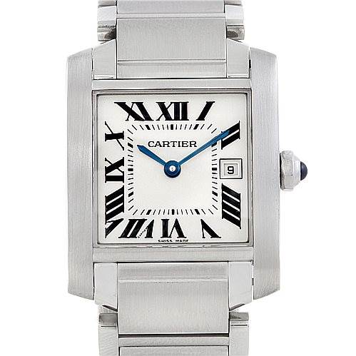 This image shows a front view of the Cartier Tank Française watch, highlighting its rectangular face, roman numerals, and metal bracelet.