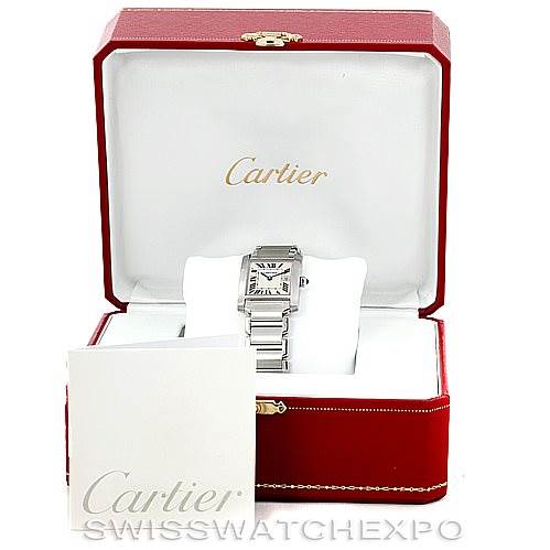 The image shows a Cartier Tank Francaise W51011Q3 Women's Stainless Steel Silver Dial W51011Q3 Women's Stainless Steel Silver Dial watch at a front angle, inside a red presentation box with the Cartier logo and accompanying booklet.