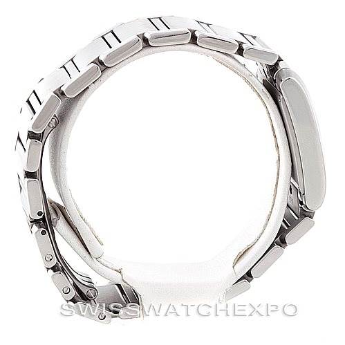 The image shows a Cartier Tank Francaise W51011Q3 Women's Stainless Steel Silver Dial W51011Q3 Women's Stainless Steel Silver Dial watch from a side angle, primarily focusing on the metal bracelet and clasp.