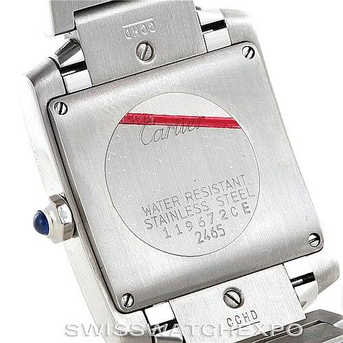 The image shows the back case, lugs, and crown of a Cartier Tank Francaise W51011Q3 Women's Stainless Steel Silver Dial W51011Q3 Women's Stainless Steel Silver Dial watch, highlighting its water resistance and materials.