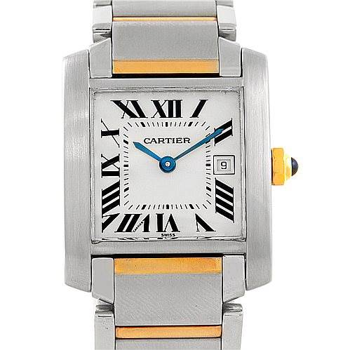 The image shows a frontal view of a Cartier Tank Française watch, highlighting its rectangular dial, Roman numerals, and two-tone metal bracelet.