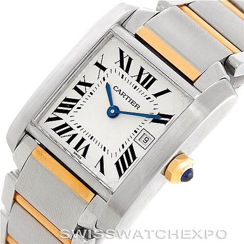 This image shows a Cartier Tank Francaise W51012Q4 Women's Steel and Gold (two tone) Silver Dial W51012Q4 Women's Steel and Gold (two tone) Silver Dial watch, highlighting the dial with Roman numerals and part of the two-tone bracelet.