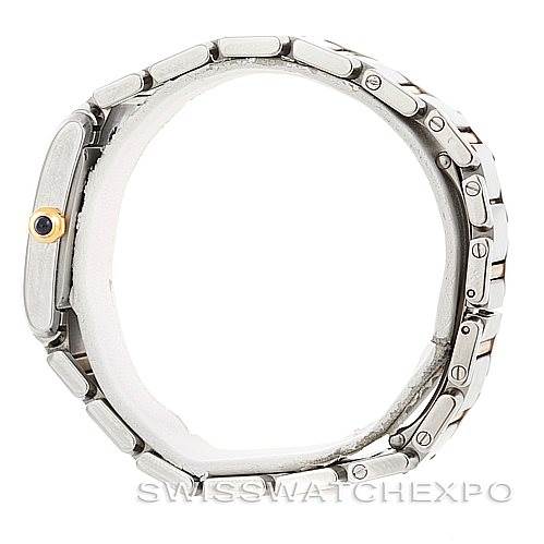 This is a side view of the Cartier Tank Française model, showcasing its metal bracelet and case profile.