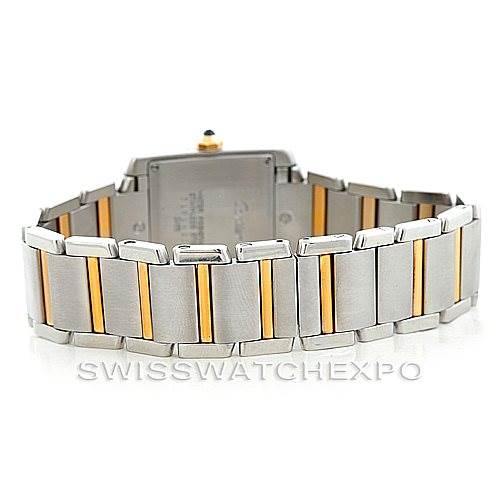 The image shows the back view of the bracelet and case of a Cartier Tank Francaise W51012Q4 Women's Steel and Gold (two tone) Silver Dial W51012Q4 Women's Steel and Gold (two tone) Silver Dial watch.