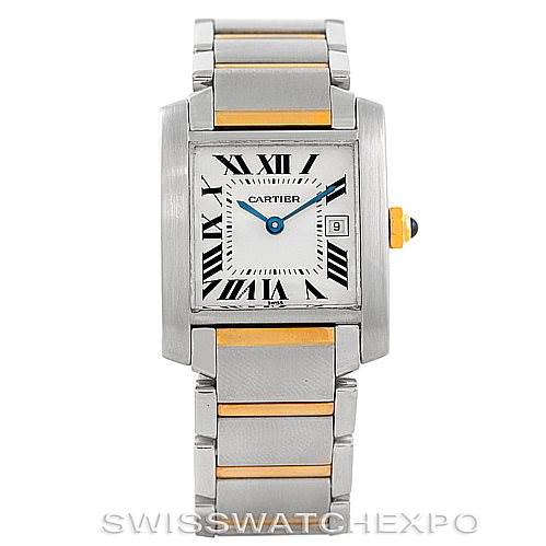 This image shows a Cartier Tank Francaise W51012Q4 Women's Steel and Gold (two tone) Silver Dial W51012Q4 Women's Steel and Gold (two tone) Silver Dial watch from a front view, highlighting the dial, hands, case, and bracelet.