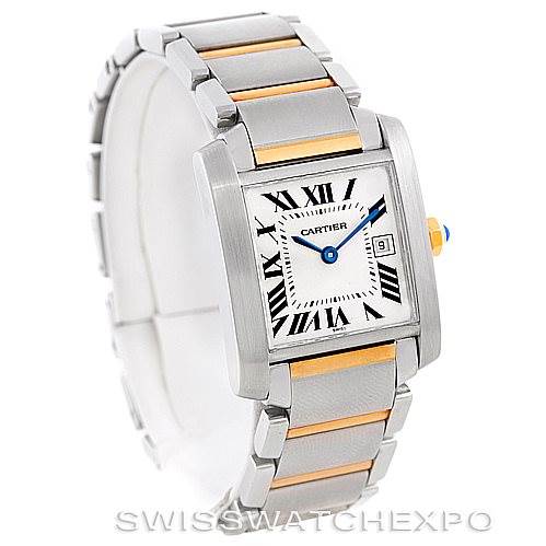 This image shows a Cartier Tank Francaise W51012Q4 Women's Steel and Gold (two tone) Silver Dial W51012Q4 Women's Steel and Gold (two tone) Silver Dial watch at an angled view, highlighting the face, bracelet, and side profile.