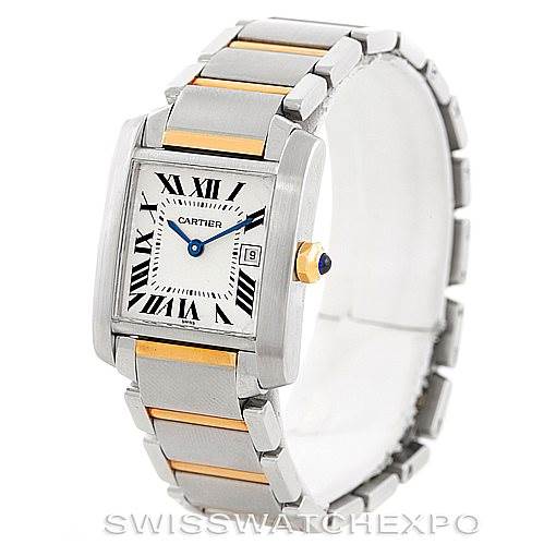 This image shows a Cartier Tank Francaise W51012Q4 Women's Steel and Gold (two tone) Silver Dial W51012Q4 Women's Steel and Gold (two tone) Silver Dial watch from a front angle, highlighting its rectangular case, Roman numeral dial, and two-tone bracelet.