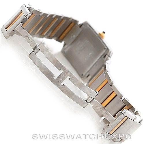 The image shows the bracelet and clasp of the Cartier Tank Francaise W51012Q4 Women's Steel and Gold (two tone) Silver Dial W51012Q4 Women's Steel and Gold (two tone) Silver Dial watch from a rear angle.