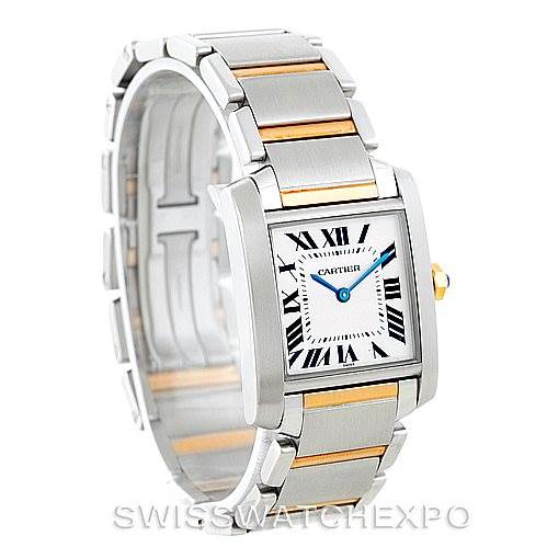 The image shows a front and side view of a Cartier Tank Francaise Women's Steel and Gold (two tone) Silver Dial Women's Steel and Gold (two tone) Silver Dial watch with a stainless steel and gold bracelet.