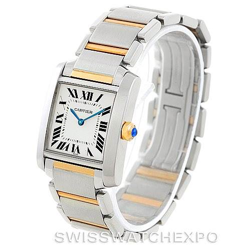 This image shows a Tank Française by Cartier from a front and side angle, highlighting its rectangular face and two-tone bracelet.