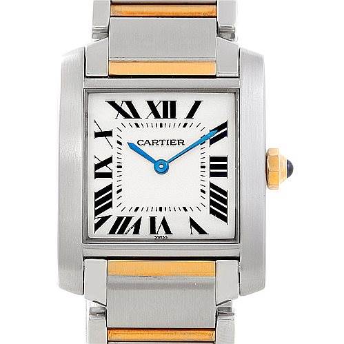 The image shows a frontal view of the Tank Francaise watch by Cartier, highlighting its face and part of the bracelet.