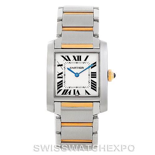 The image shows a Cartier Tank Francaise Women's Steel and Gold (two tone) Silver Dial Women's Steel and Gold (two tone) Silver Dial watch from a frontal view, displaying its face, Roman numeral markers, and two-tone metal bracelet.