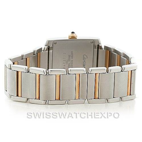 This image shows the back view of a Cartier Tank Francaise Women's Steel and Gold (two tone) Silver Dial Women's Steel and Gold (two tone) Silver Dial watch, focusing on its metal and gold link bracelet.