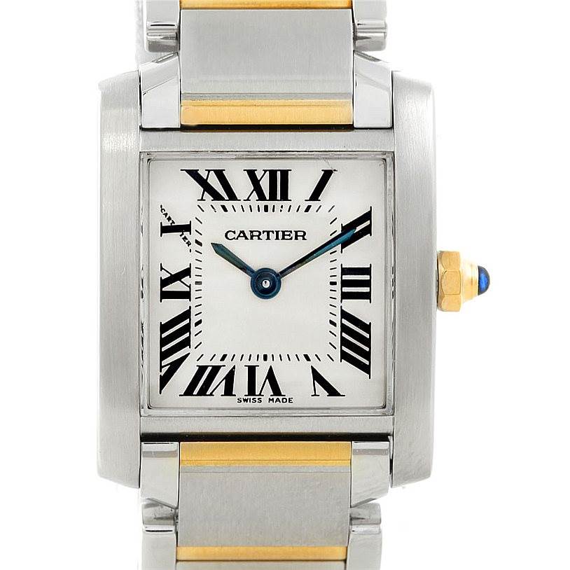 The image shows a frontal view of the Cartier Tank Française watch, highlighting its face, bezel, and parts of the bracelet.