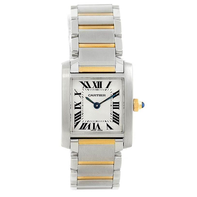 The Cartier Tank Francaise W51007Q4 Women's Steel and Gold (two tone) Silver Dial W51007Q4 Women's Steel and Gold (two tone) Silver Dial watch is shown from a frontal view, displaying the face, bezel, and part of the bracelet.