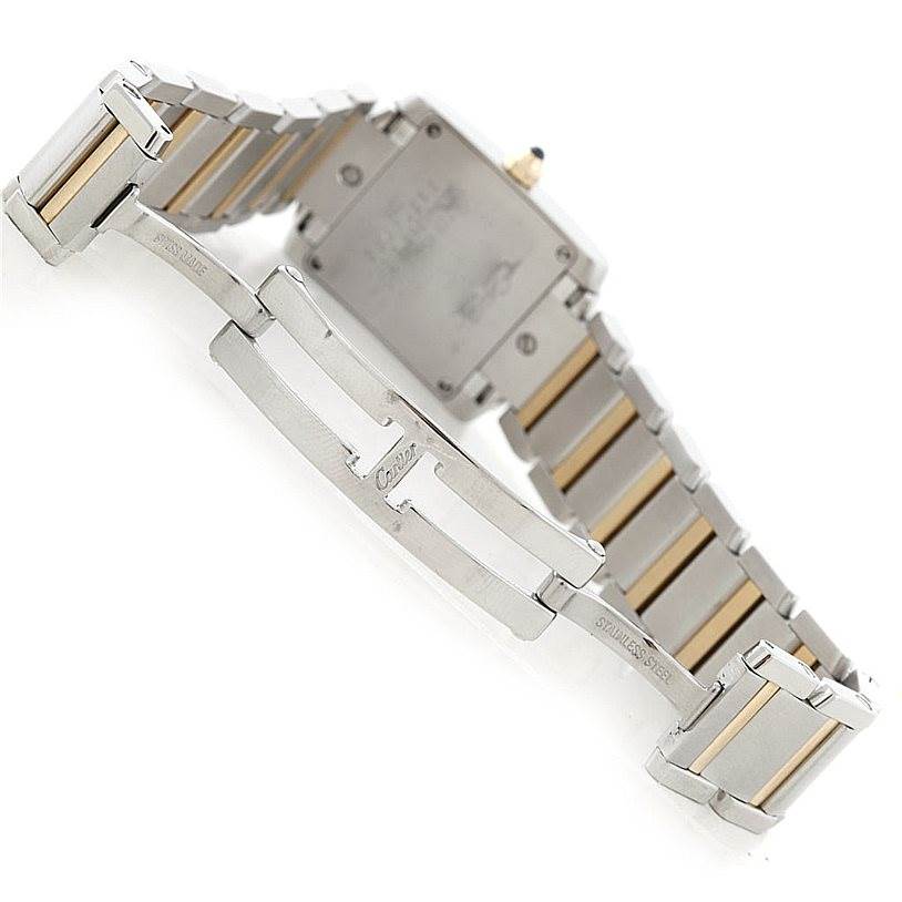 The image shows the back and clasp of the Cartier Tank Francaise W51007Q4 Women's Steel and Gold (two tone) Silver Dial W51007Q4 Women's Steel and Gold (two tone) Silver Dial watch, highlighting its stainless steel and gold tone bracelet.
