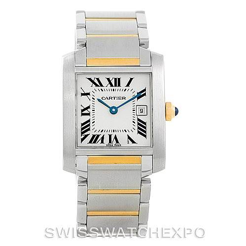 The image shows a front view of the Cartier Tank Francaise W51012Q4 Women's Steel and Gold (two tone) Silver Dial W51012Q4 Women's Steel and Gold (two tone) Silver Dial watch, featuring its bracelet and rectangular dial with Roman numerals.