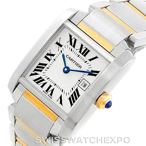 The image shows a close-up, angled view of the Cartier Tank Francaise W51012Q4 Women's Steel and Gold (two tone) Silver Dial W51012Q4 Women's Steel and Gold (two tone) Silver Dial watch, highlighting the face, crown, and part of the bracelet.