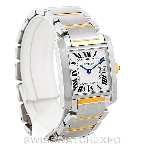 The image depicts a Cartier Tank Francaise W51012Q4 Women's Steel and Gold (two tone) Silver Dial W51012Q4 Women's Steel and Gold (two tone) Silver Dial watch at a three-quarter angle, showing the face, bracelet, and side crown.