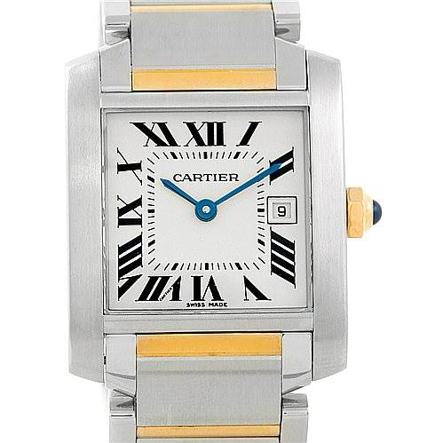 The image shows a front view of a Cartier Tank Francaise W51012Q4 Women's Steel and Gold (two tone) Silver Dial W51012Q4 Women's Steel and Gold (two tone) Silver Dial watch, highlighting the face, hands, crown, and bracelet.