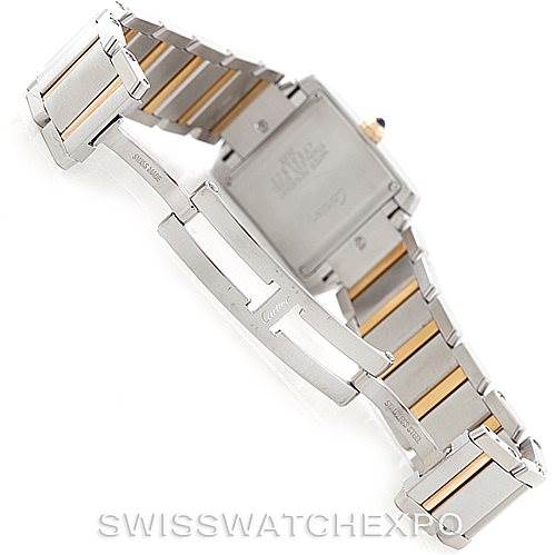 The image shows the open clasp and back of the two-tone bracelet of a Cartier Tank Francaise W51012Q4 Women's Steel and Gold (two tone) Silver Dial W51012Q4 Women's Steel and Gold (two tone) Silver Dial watch.