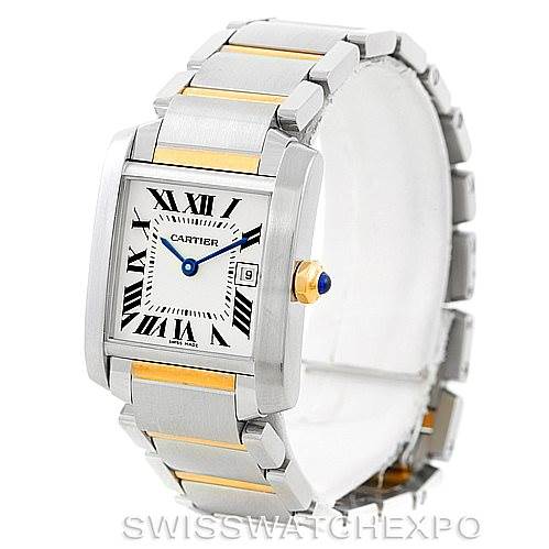 The image shows a Cartier Tank Française watch at an angled front view, displaying its face, bracelet, and crown.