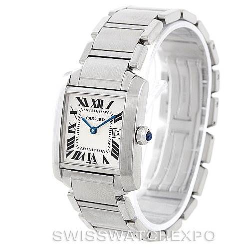 The Cartier Tank Francaise W51011Q3 Women's Stainless Steel Silver Dial W51011Q3 Women's Stainless Steel Silver Dial watch is shown at a 3/4 angle, highlighting the face, bracelet, crown, and part of the clasp.