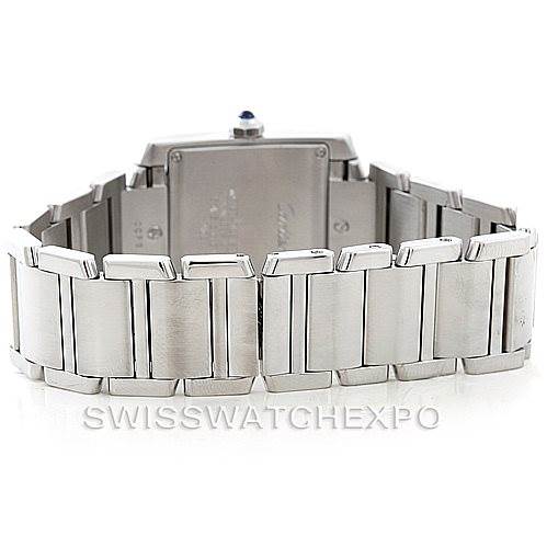 The image shows the back view of a Tank Francaise model by Cartier, highlighting the bracelet and case back.