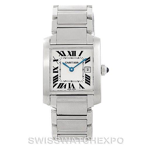 This image shows a front view of a Cartier Tank Française watch with a silver bracelet and Roman numeral dial.