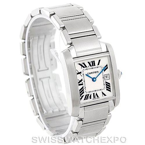 This image shows a Cartier Tank Française watch from a front-left angle, highlighting its square dial and stainless steel bracelet.