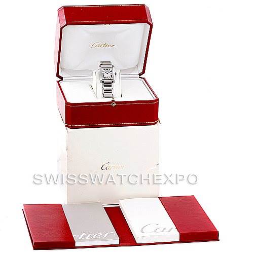 The Cartier Tank Francaise W51011Q3 Women's Stainless Steel Silver Dial W51011Q3 Women's Stainless Steel Silver Dial watch is displayed at a front angle in an open red Cartier box with accompanying booklets.