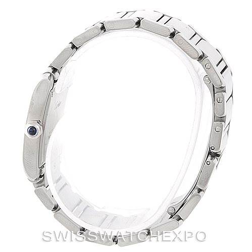 This image shows a side profile of the Cartier Tank Francaise W51011Q3 Women's Stainless Steel Silver Dial W51011Q3 Women's Stainless Steel Silver Dial watch, focusing on the bracelet and the crown with a blue cabochon.