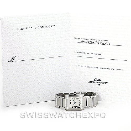 The image shows a Cartier Tank Francaise W51011Q3 Women's Stainless Steel Silver Dial W51011Q3 Women's Stainless Steel Silver Dial watch laid flat with its certificate and purchase documents in the background.