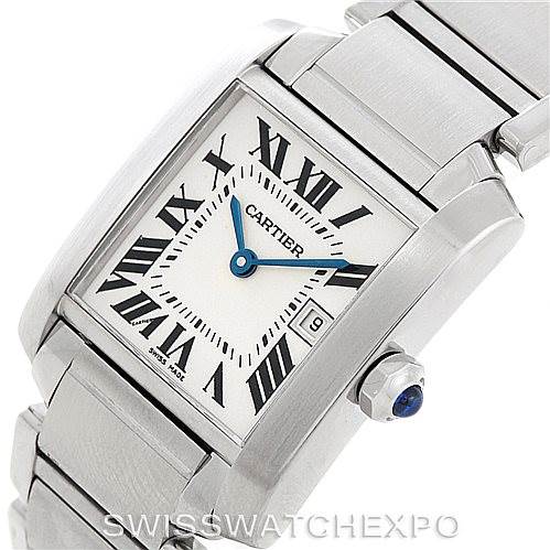 The image shows a Cartier Tank Francaise W51011Q3 Women's Stainless Steel Silver Dial W51011Q3 Women's Stainless Steel Silver Dial watch at a slight angle, displaying the face, crown, and part of the bracelet.