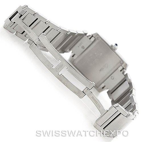 The image shows the bracelet and clasp mechanism of the Cartier Tank Française watch at an angle that highlights the band details.
