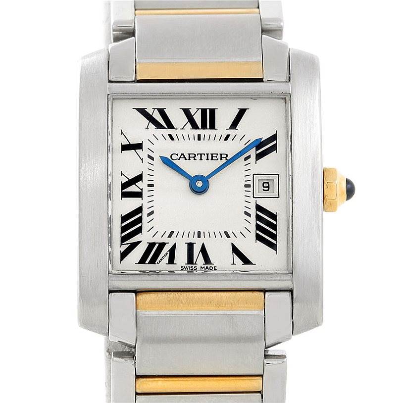 The image shows a front view of the Cartier Tank Française watch, featuring its face, bezel, bracelet, and crown.