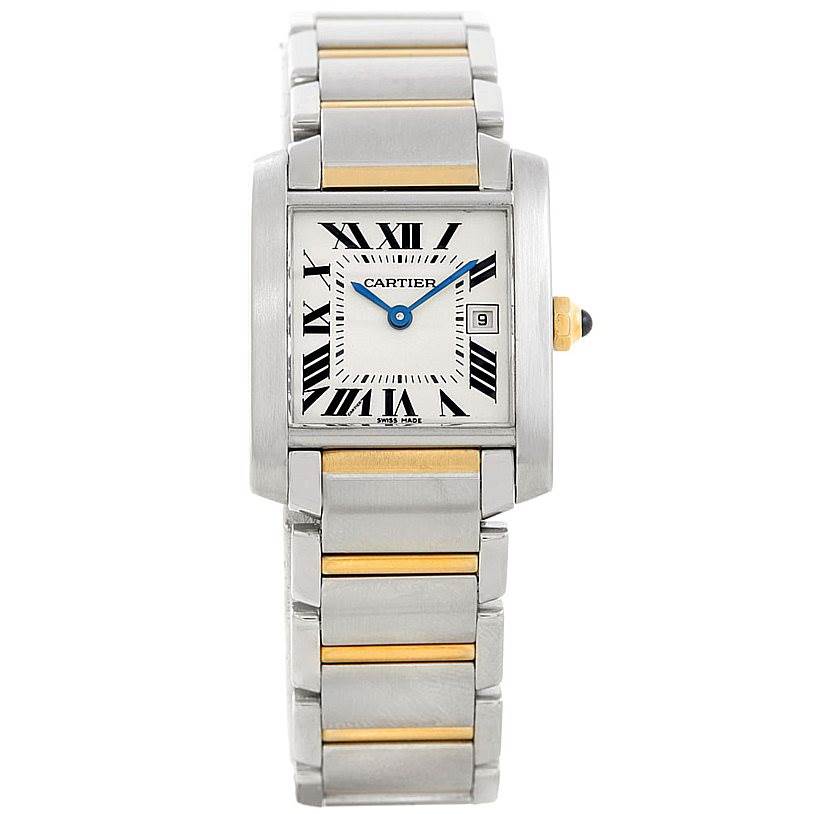 This image shows a Tank Francaise model watch by Cartier from a front view, highlighting its face and metal bracelet.