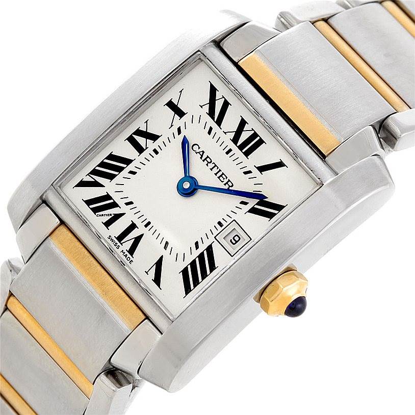 The image shows a close-up, angled view of a Cartier Tank Francaise W51012Q4 Women's Steel and Gold (two tone) Silver Dial W51012Q4 Women's Steel and Gold (two tone) Silver Dial watch, highlighting its face, case, crown, and part of the bracelet.
