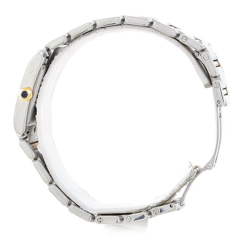 The image shows the side profile of the Cartier Tank Francaise W51012Q4 Women's Steel and Gold (two tone) Silver Dial W51012Q4 Women's Steel and Gold (two tone) Silver Dial watch, highlighting the bracelet and crown.